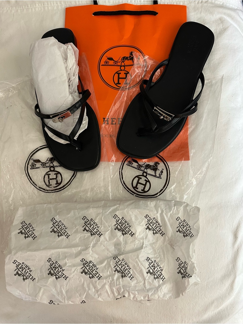 Hermes Black Leather Thong Sandals